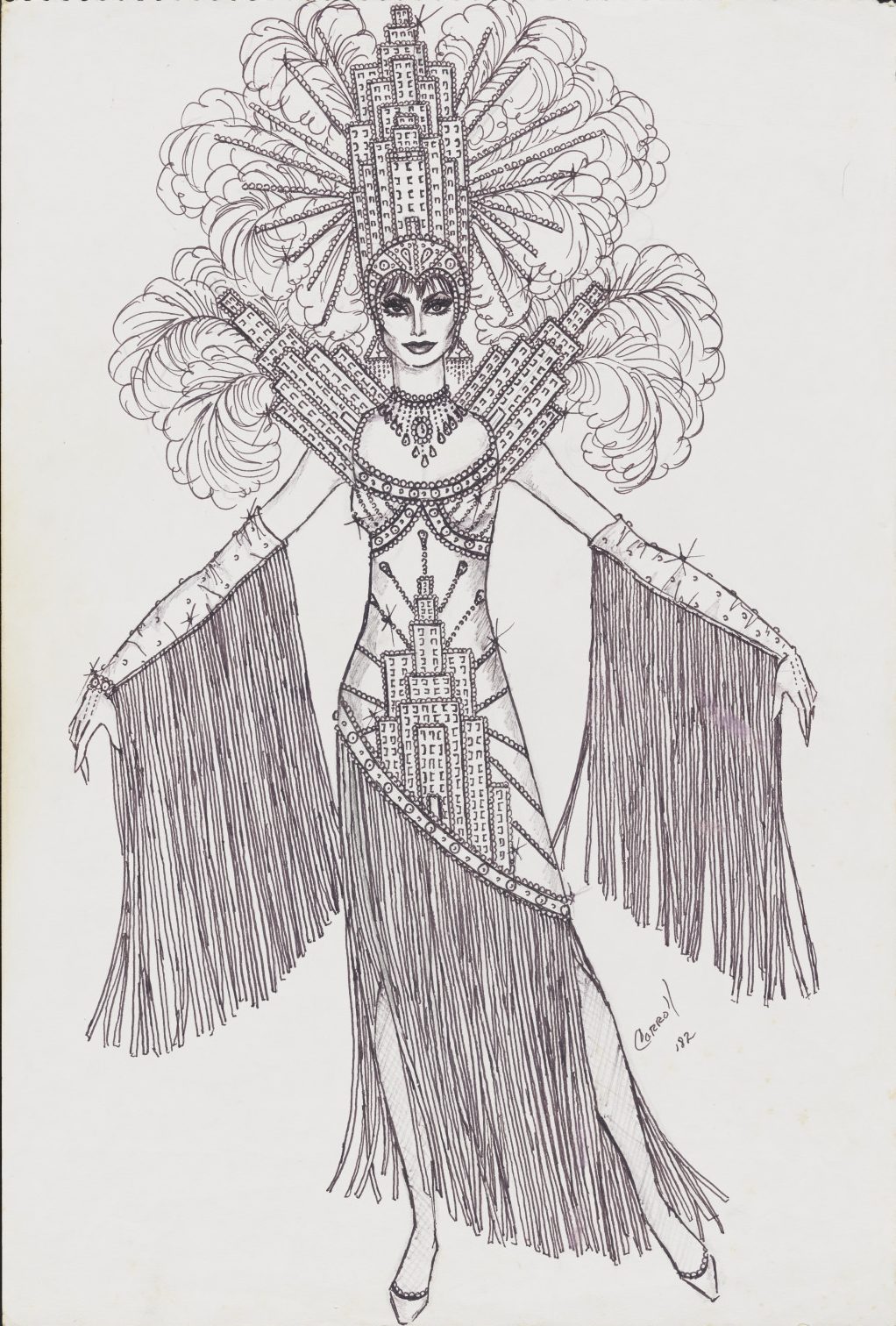 Illustration of a person in an elaborate costume featuring a feathered headdress and architectural designs resembling skyscrapers. The costume includes a fringed dress with detailed patterns and extended sleeves with additional fringe.