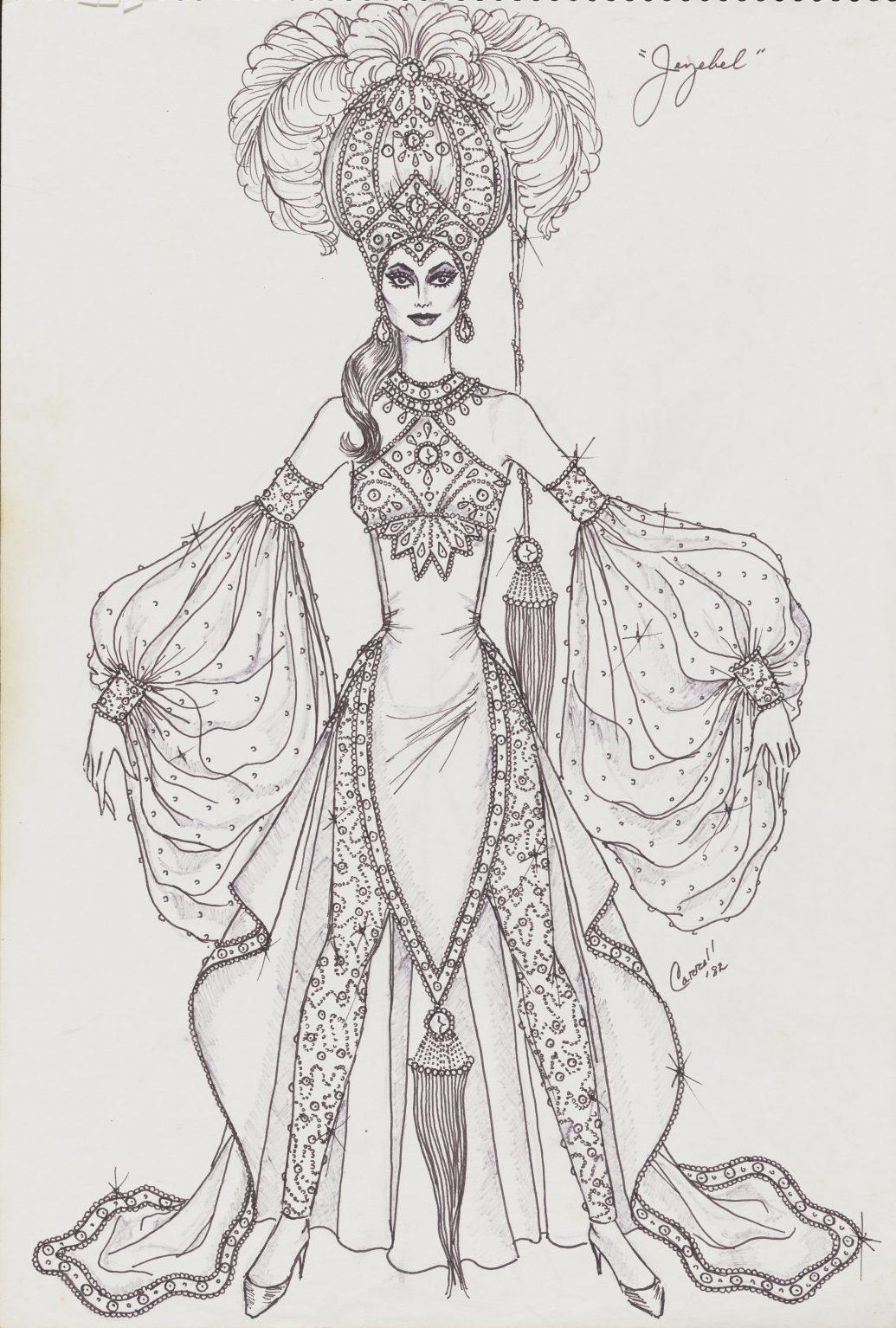 A detailed sketch of a performer in an elaborate costume featuring a large feathered headdress, ornate patterned bodice, flowing sleeves, and leggings adorned with intricate designs and tassels. The style is theatrical and glamorous.