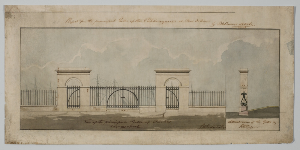 A detailed architectural drawing depicts a proposed iron gate and fence design for a cemetery in New Orleans. It features elaborate ironwork with decorative motifs and stone pillars, set against a sketched cloudy sky background.