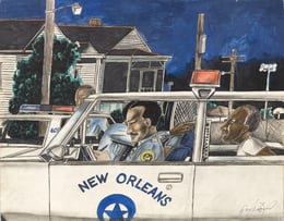 A painting depicting a New Orleans police car with two officers inside and a distressed Black man in the back seat. Another officer is in a second police car, and houses are visible in the background under a dark blue sky.