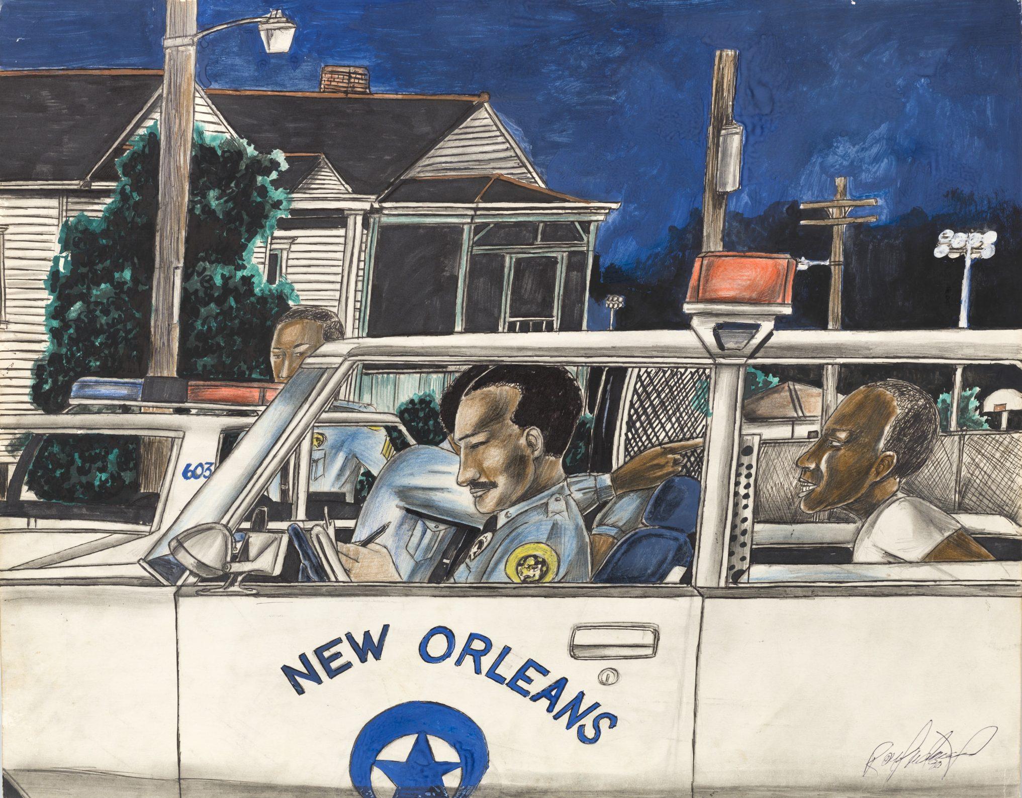 A painting depicting a New Orleans police car with two officers inside and a distressed Black man in the back seat. Another officer is in a second police car, and houses are visible in the background under a dark blue sky.