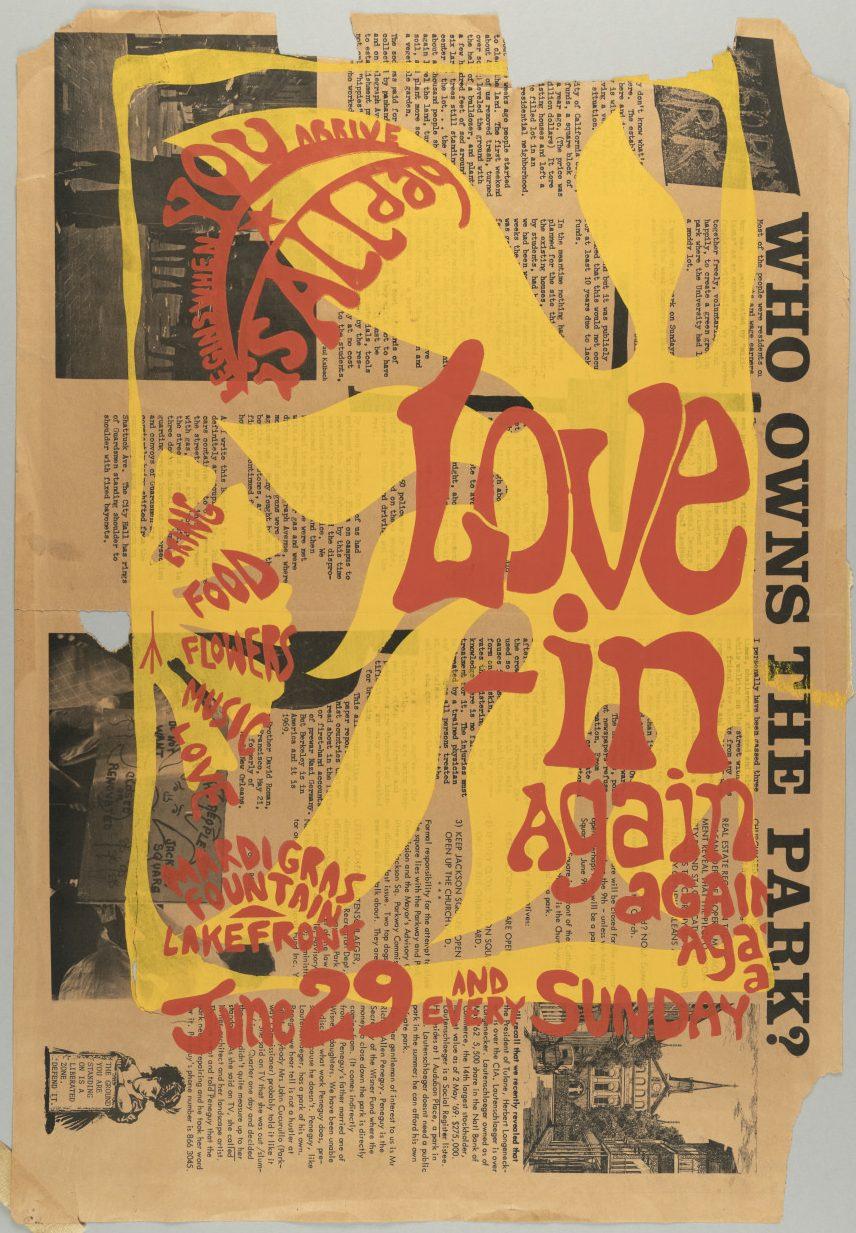 Colorful, vintage poster with the text Love In prominently in red on a yellow abstract background. Phrases Who owns the park? and details like June 29 and every Sunday, Diggers, and Free food are scattered on faded newspaper print.