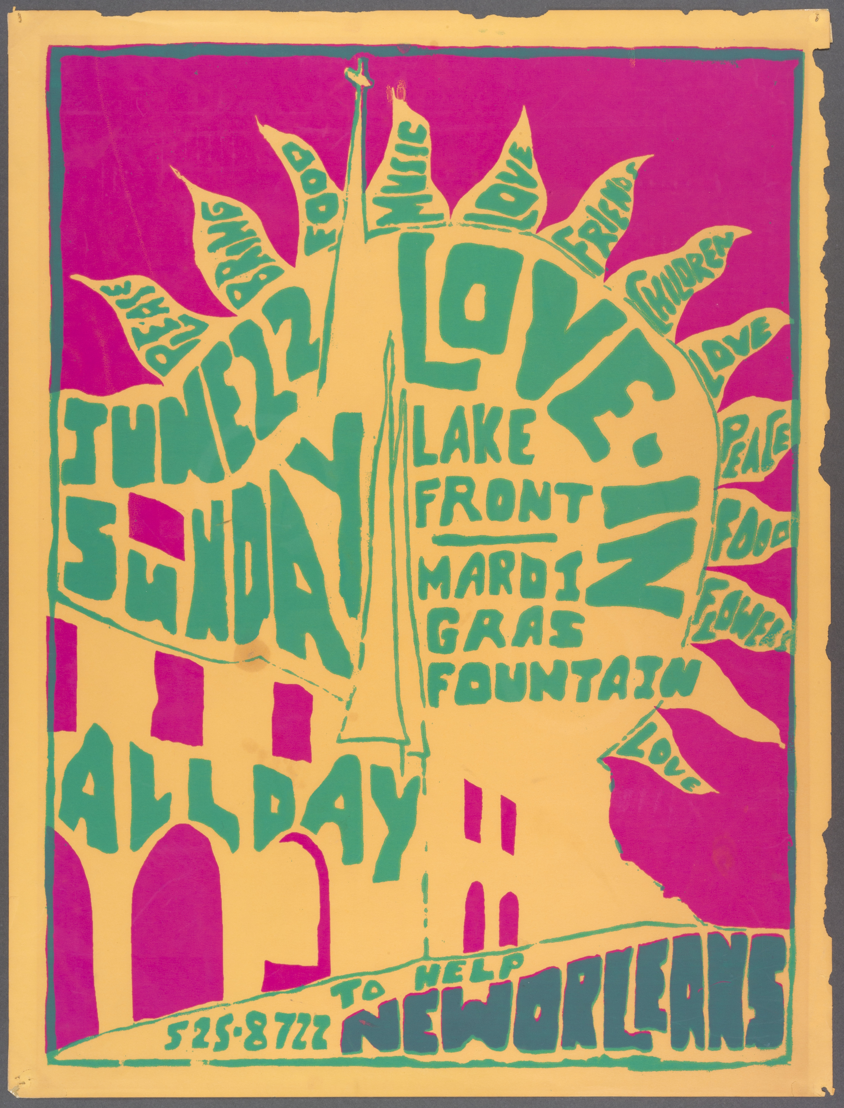A vibrant poster with psychedelic fonts and colors promoting the Love-In event. It features phrases like June 22 Sunday, Lake Front Mardi Gras Fountain, All Day, and Help New Orleans, with decorative patterns and peace symbols.