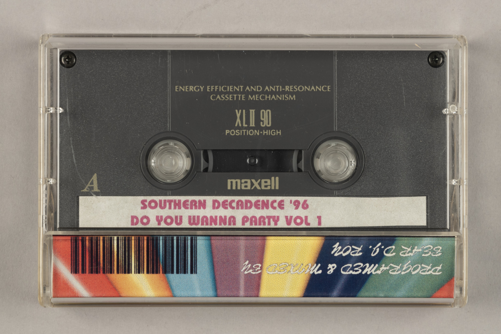 A cassette tape labeled: “Southern Decadence '96, Do You Wanna Party!!! Vol. 1”. The bottom border of the case jacket is decorated with a rainbow pattern.