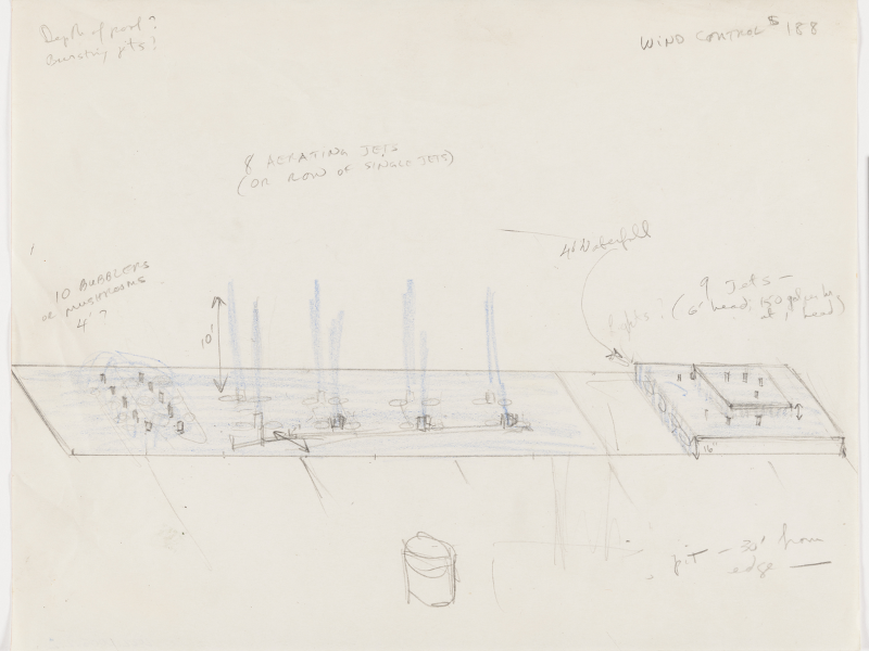 A hand-drawn sketch labeled Wind Cathedral 1988 shows a layout with numbered barrels and jets arranged in rows, along with handwritten notes on measurements and positioning. Light pencil and blue shading are used to illustrate components.