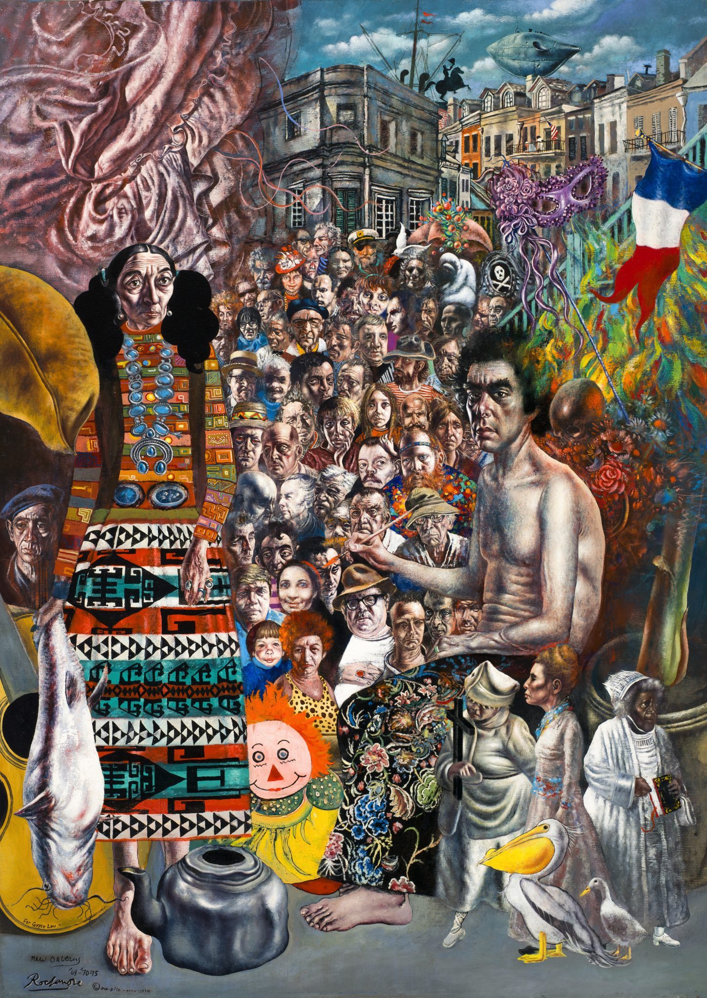 A vibrant, surreal painting with a woman in patterned clothing holding a fish and a kettle. A crowd of diverse people surrounds her, along with abstract elements like a clown face, pelican, and flag, set against a backdrop of buildings and swirling colors.