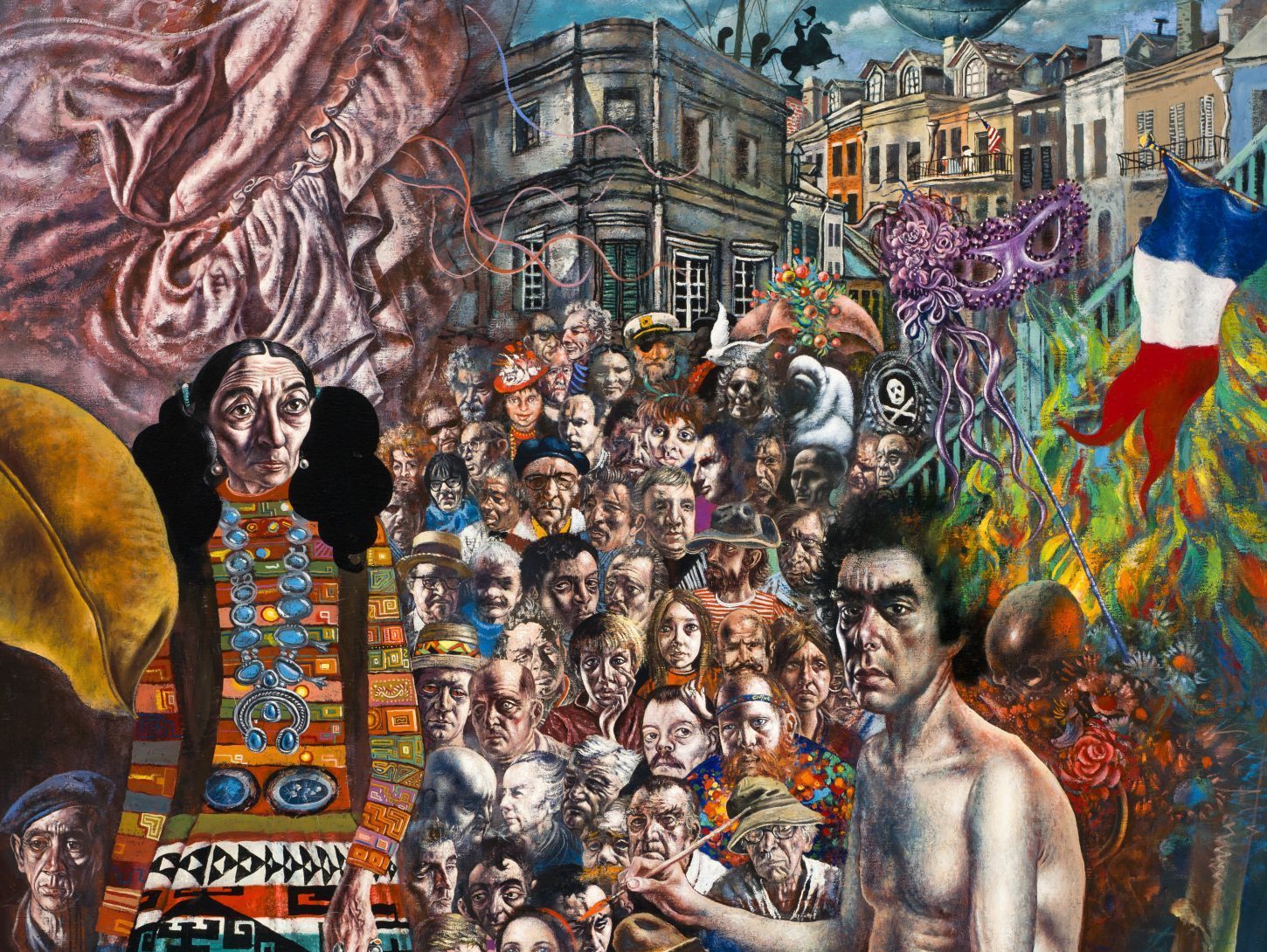 A vibrant, surreal painting with a woman in patterned clothing holding a fish and a kettle. A crowd of diverse people surrounds her, along with abstract elements like a clown face, pelican, and flag, set against a backdrop of buildings and swirling colors.