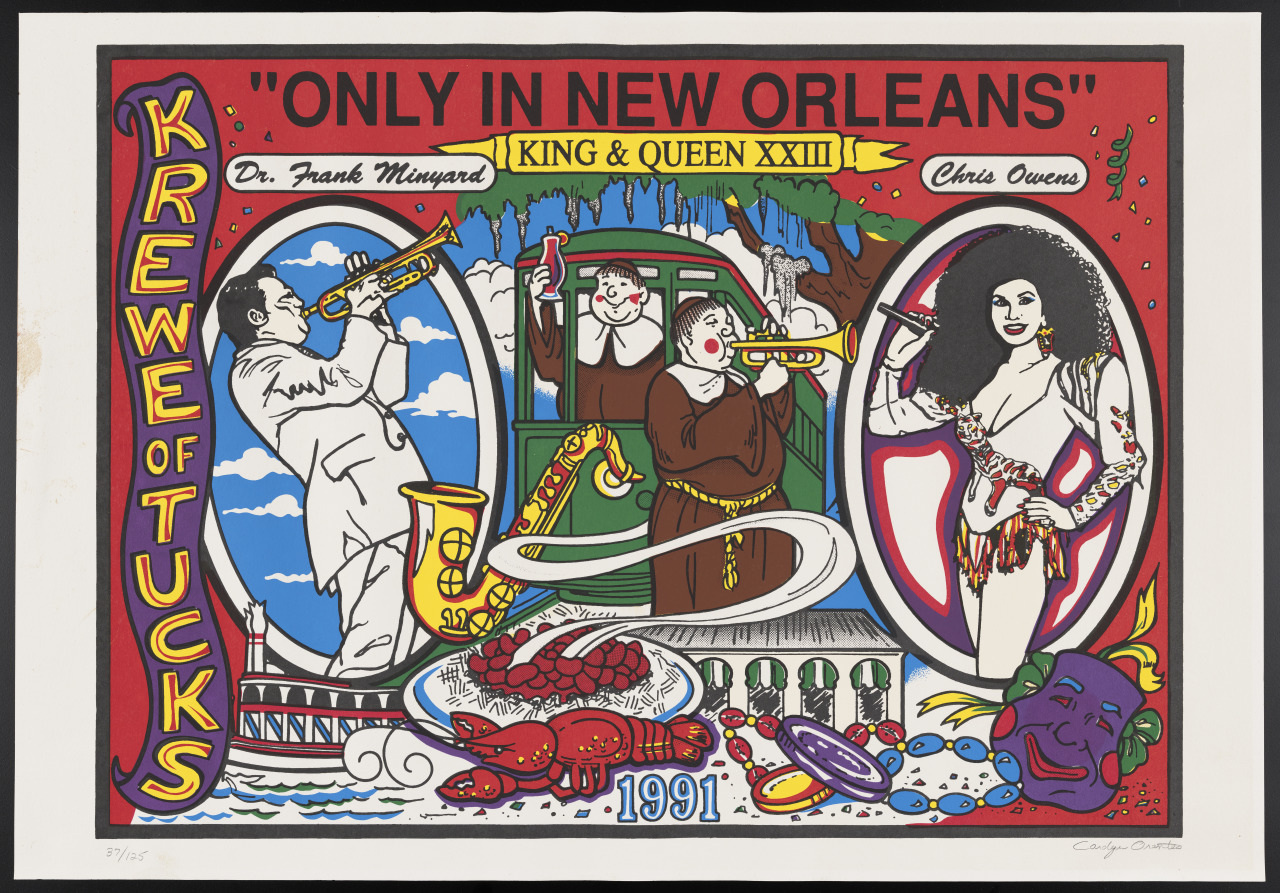 Colorful Mardi Gras poster featuring jazz musicians, a streetcar, a person in a festive costume with a sash, and New Orleans city elements. Text reads Only in New Orleans, Krewe of Tucks, and 1991. Bright, lively colors dominate the artwork.