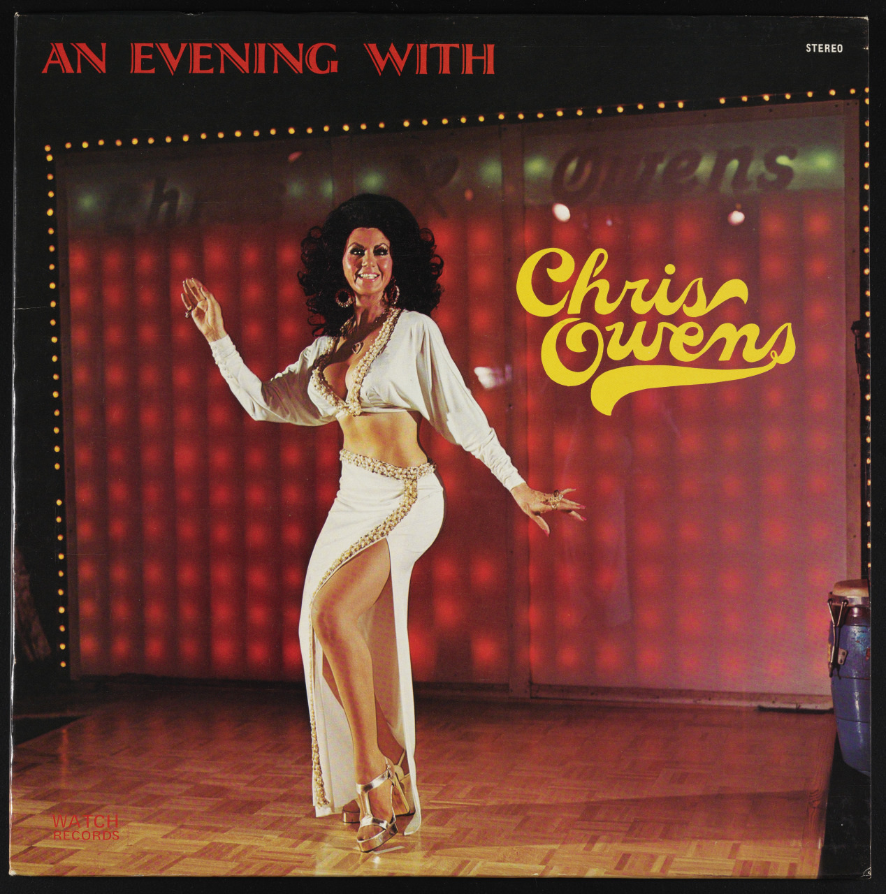 A performer with dark hair and a glamorous outfit poses confidently on a stage. The backdrop features the name Chris Owens in bold yellow letters, illuminated by colorful lights. The setting suggests a lively and entertaining atmosphere.