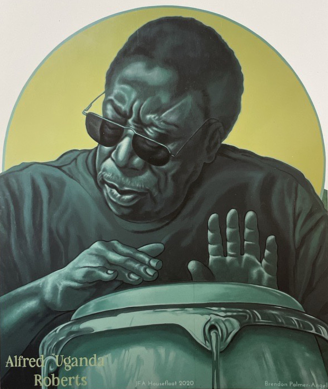 A painting of a man wearing sunglasses, playing a conga drum. He appears focused and is depicted in shades of green and blue. The text Alfred Uganda Roberts is visible in the bottom left corner.