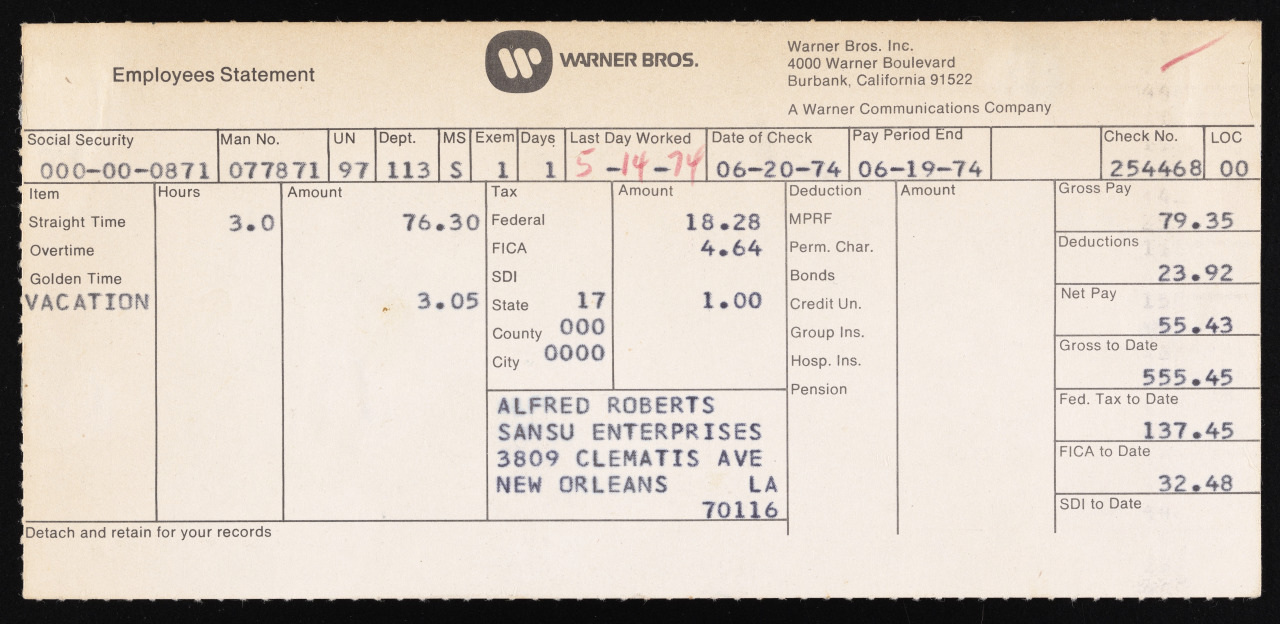 A Warner Bros. employee statement with details including name, address, social security, union dues, vacation entitlement, and earnings. The check date is June 14, 1974. The check was for Alfred Roberts at Sansu Enterprises, New Orleans.