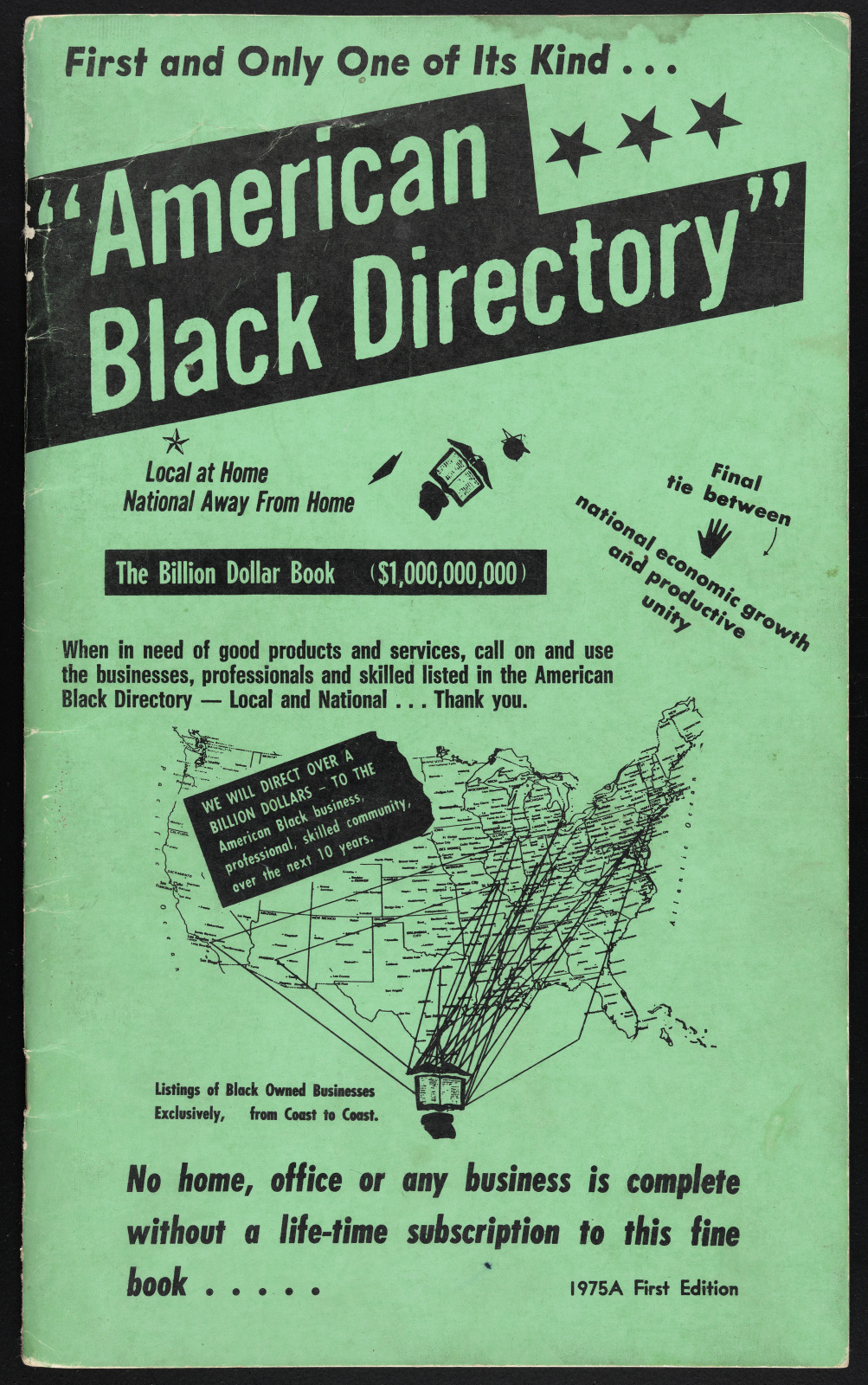 Front cover of the American Black Directory shows a map of the US with lines drawn across it, depicting the scope of locations covered by the Directory.
