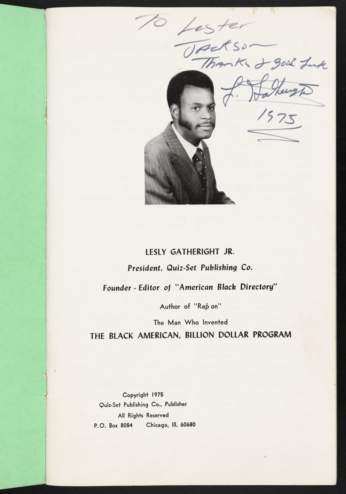 The title page of the American Black Directory shows a photo of the author and copyright details.
