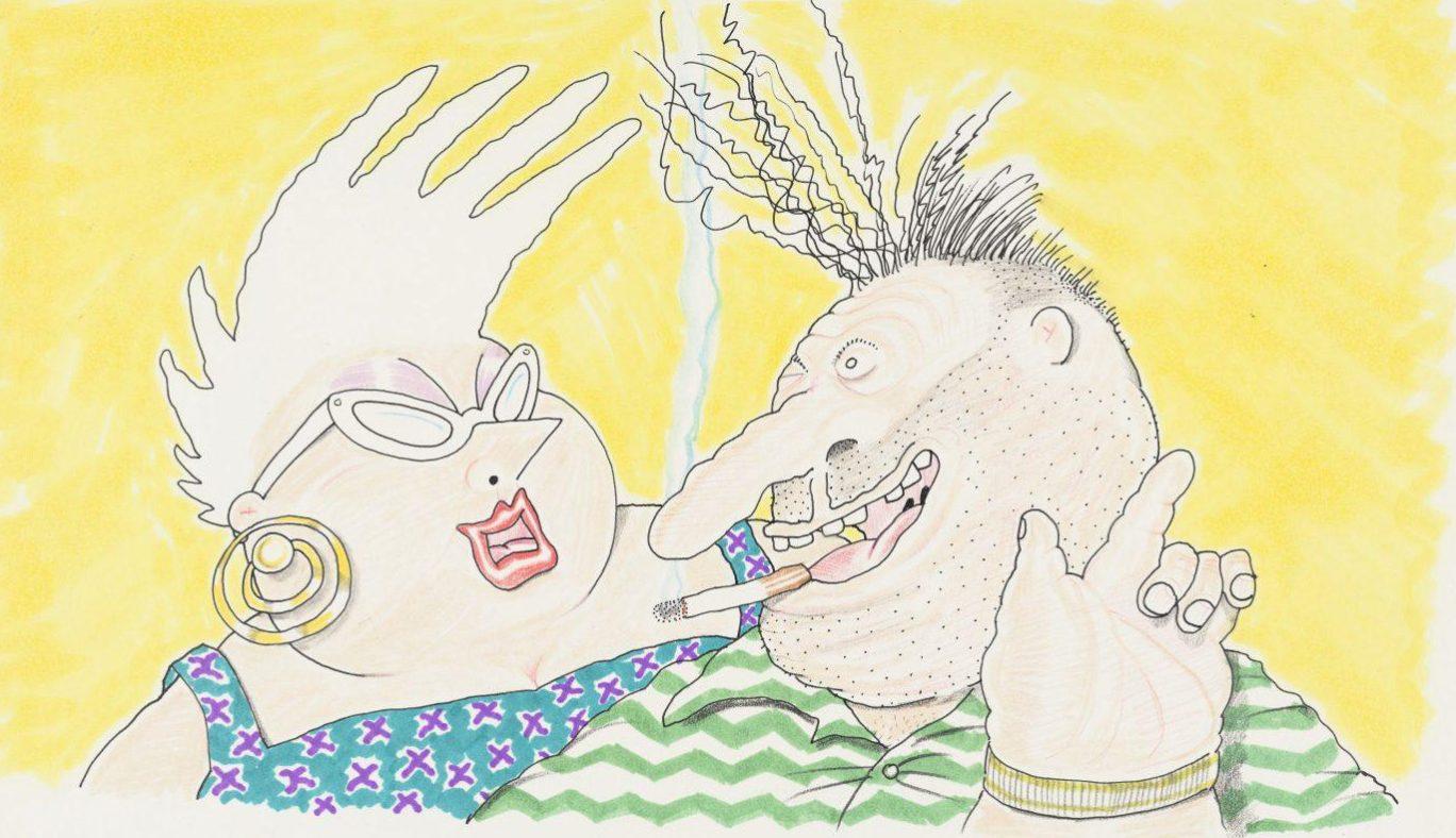 A whimsical illustration of two cartoon characters. One has wild white hair, large glasses, and hoop earrings, while the other sports a pointy nose and striped shirt. They appear lively and eccentric against a bright yellow background.