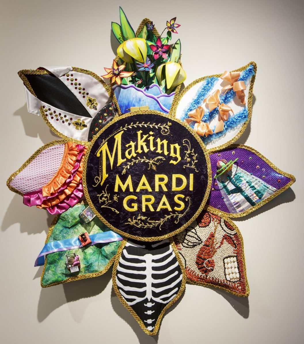 Decorative artwork with a central circle reading Making Mardi Gras, surrounded by various colorful petal-like sections, each featuring different textures, patterns, and objects, symbolizing festive elements of the Mardi Gras celebration.