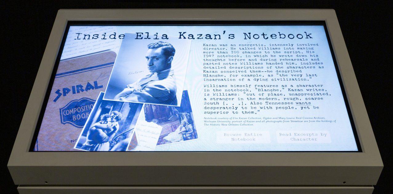 An interactive display titled Inside Elia Kazans Notebook featuring a collage of notes, photographs, and text discussing Kazans work and impact. It includes an image of Elia Kazan and offers options to explore excerpts by character.