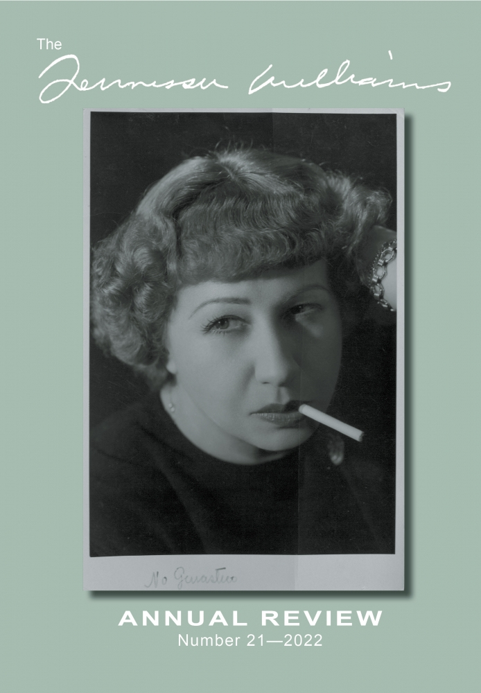 A vintage-style image of a woman with short curly hair holding a cigarette. Her expression is contemplative. The background is a muted green with text at the top and bottom, including Tennessee Williams Annual Review Number 21—2022.