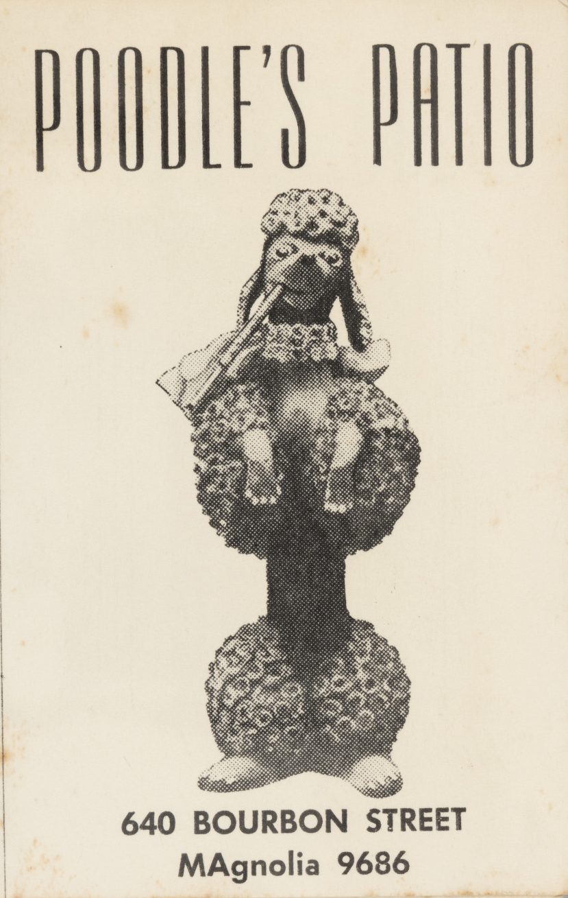 The front cover of a vintage pamphlet shows an illustrated poodle standing on hind legs. The cover reads "POODLE'S PATIO" at the top, and "640 Bourbon Street, MAgnola, 9686" at the bottom.