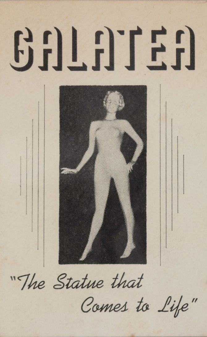 A pamphlet for Poodle's Patio advertises a dancer named Galatea, featuring a photograph of her standing like a statue followed by the text "The Statue that Comes to Life".