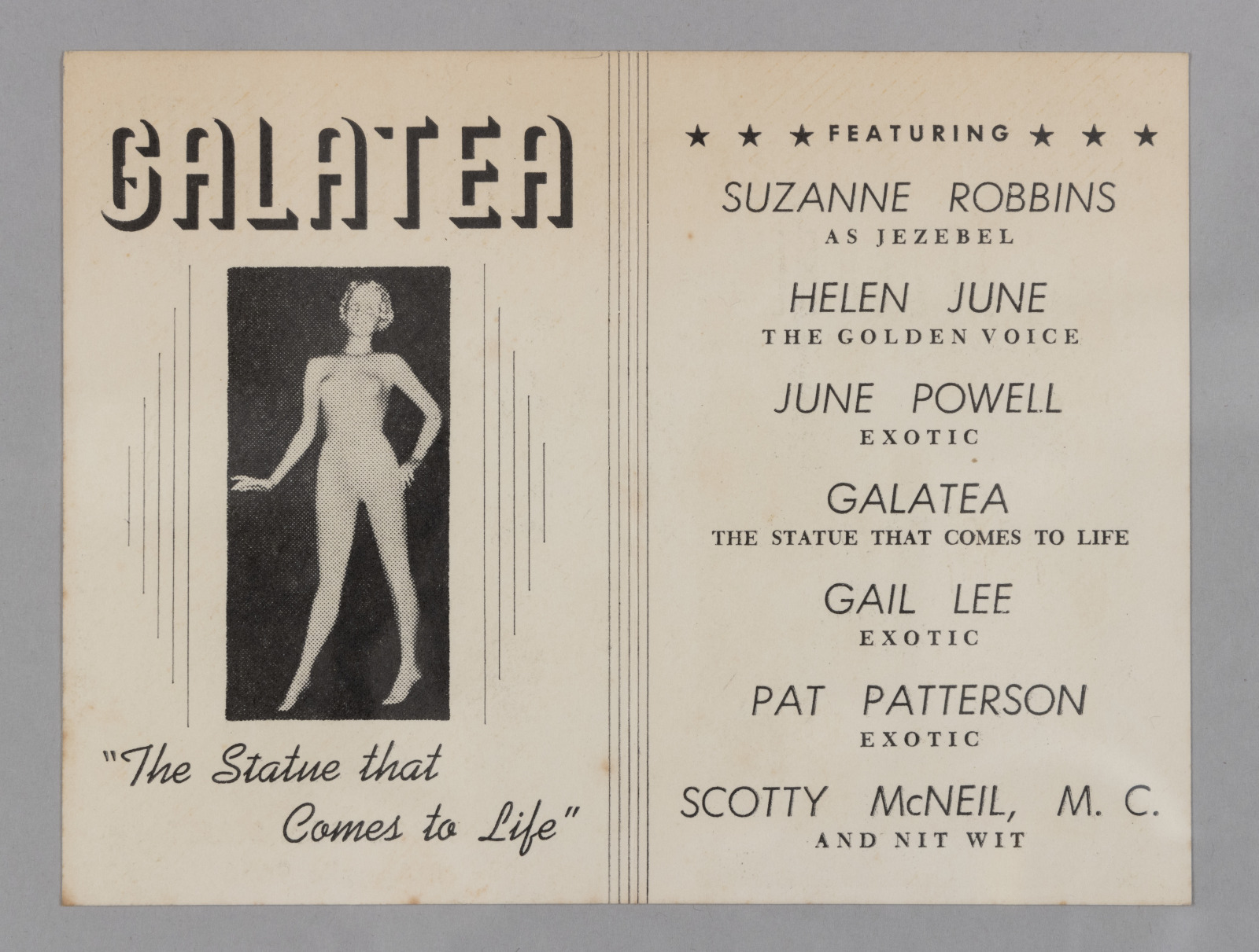 A pamphlet interior spread for Poodle's Patio advertises a dancer named Galatea, featuring a photograph of her standing like a statue followed by the text "The Statue that Comes to Life". On the right side of the page is a list of other dancers at the club.