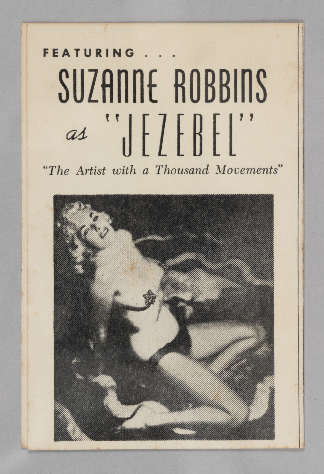 A pamphlet advertising Poodle's Patio promotes one of its dancers with the text "FEATURING ... SUZANNE ROBBINS as 'JAEZEBEL', The Artist with a Thousand Movements," alongside a photograph of the dancer in an erotic pose.