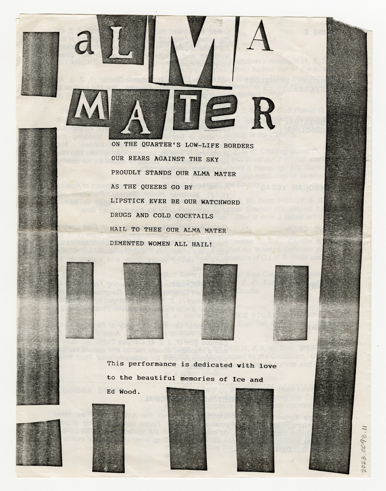 A black and white collage featuring the words Alma Mater prominently at the top. Beneath is text resembling a poem or song, with phrases about quarters, lipstick, and a dedication to Ice and Ed Wood. Vertical stripes frame the text.