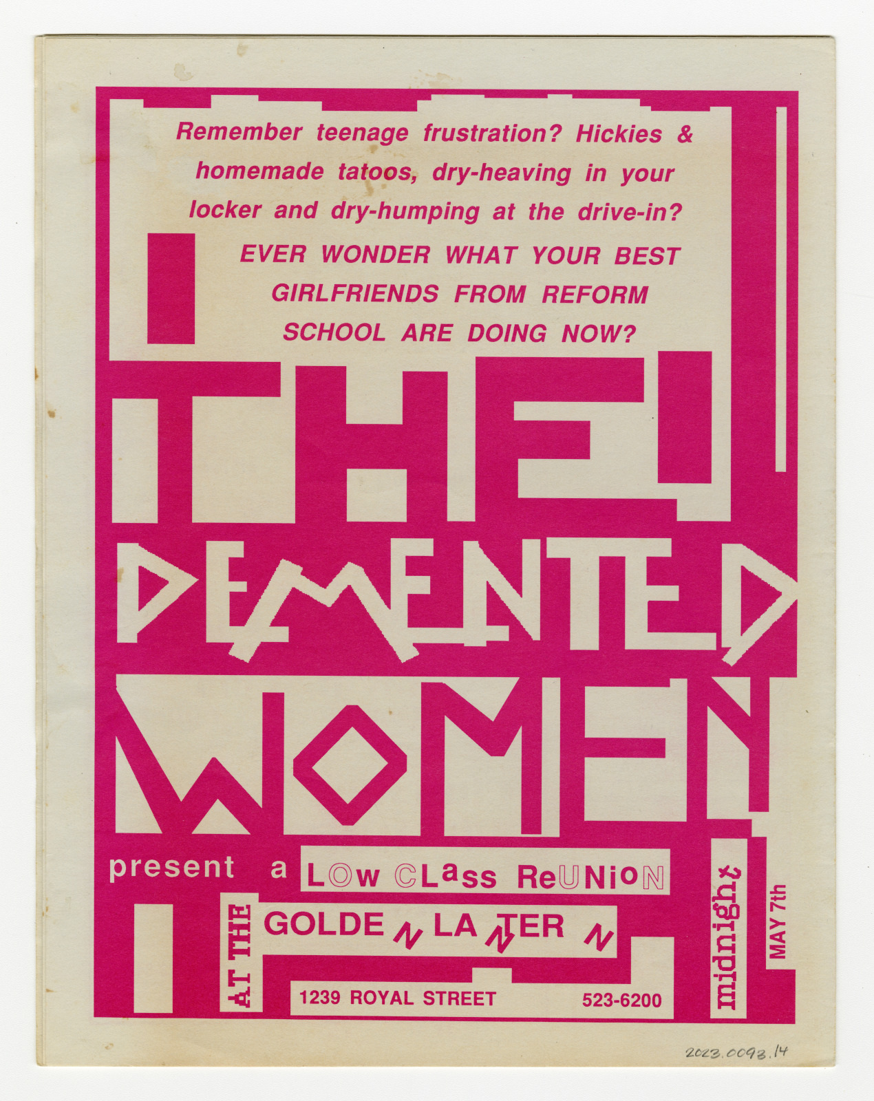 A retro-style poster with bold pink text advertising The Demented Women presenting a Low Class Reunion at Golden Lantern, 1239 Royal Street, on May 7th at midnight. The background is off-white with artistic, stylized lettering.