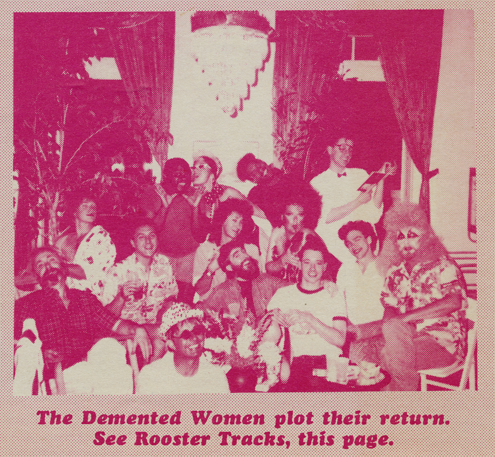 A group of people in costume pose humorously indoors, with playful expressions and props. The text reads, The Demented Women plot their return. See Rooster Tracks, this page. The image has a pinkish tint.