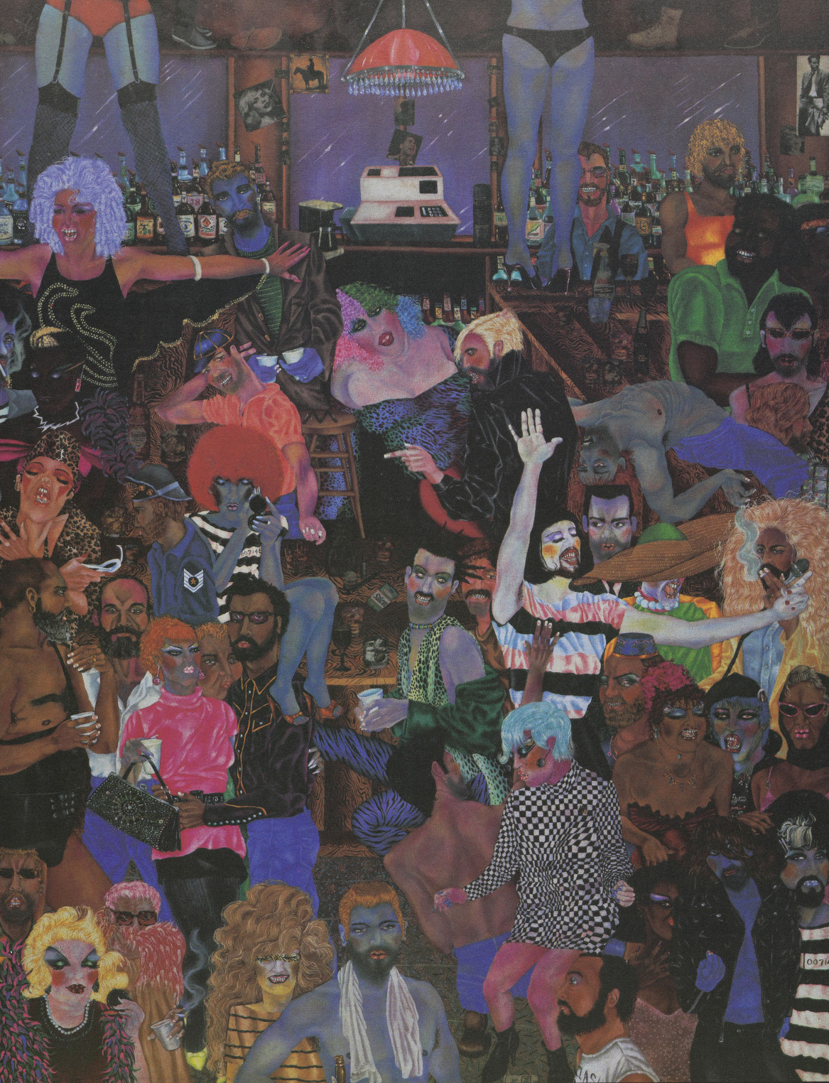A colorful painting depicting clientelle of the Golden Lantern, a renowned gay bar in New Orleans.