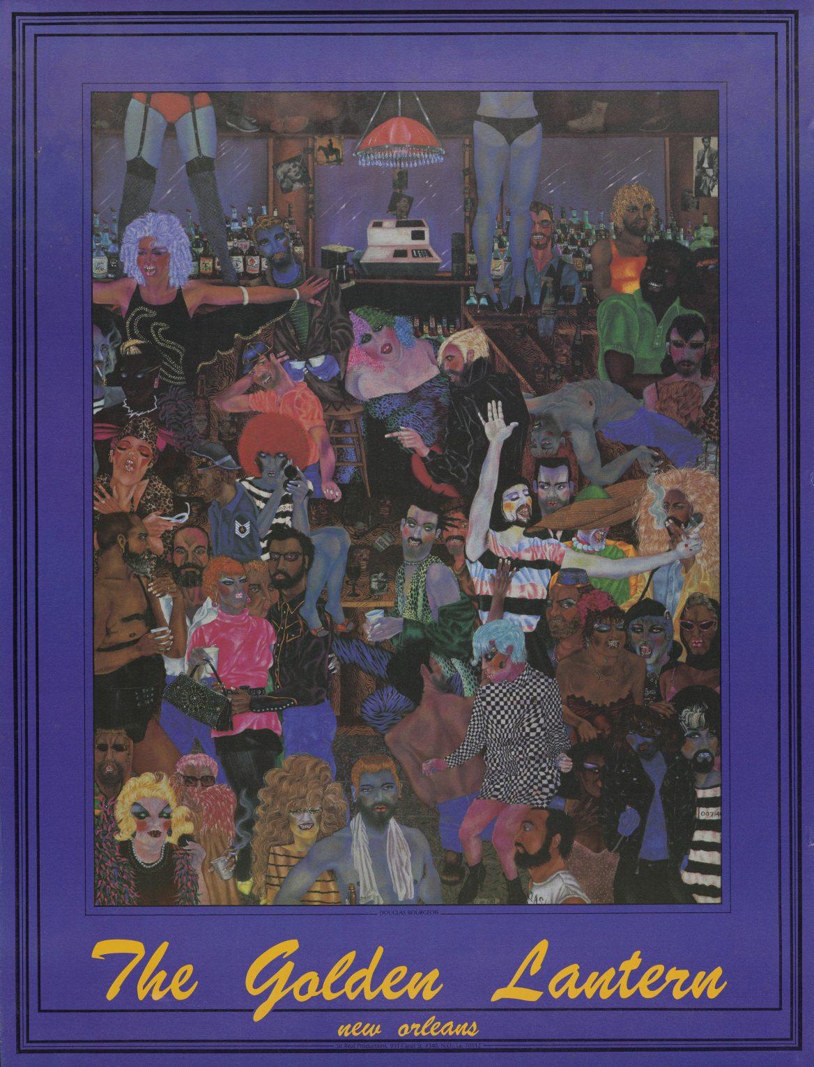 A vibrant collage featuring an eclectic mix of characters in colorful costumes, gathered around a bar setting. The scene is lively and filled with diverse individuals celebrating. Text reads The Golden Lantern New Orleans.