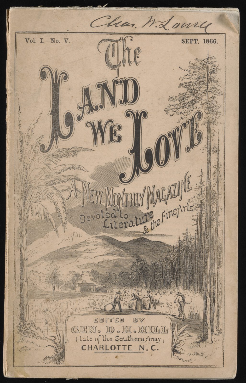 A photograph of the cover of “The Land We Love” magazine, Vol. 1, No. 5 (1866); Vol. 2, No. 2 (1866), September 1866.