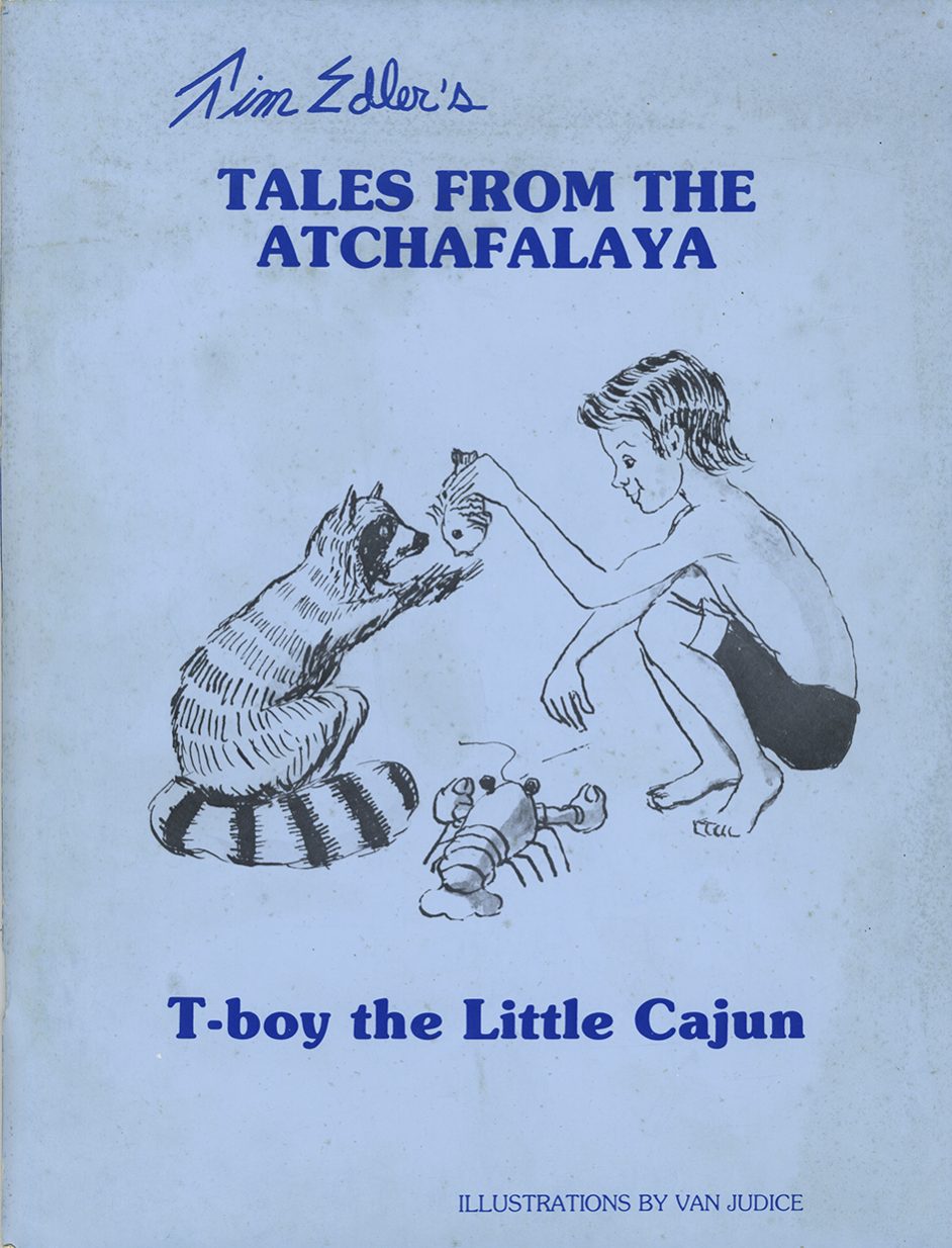 The cover of T-boy the Little Cajun, featuring the eponymous character holding a fish for a raccoon and crawfish.