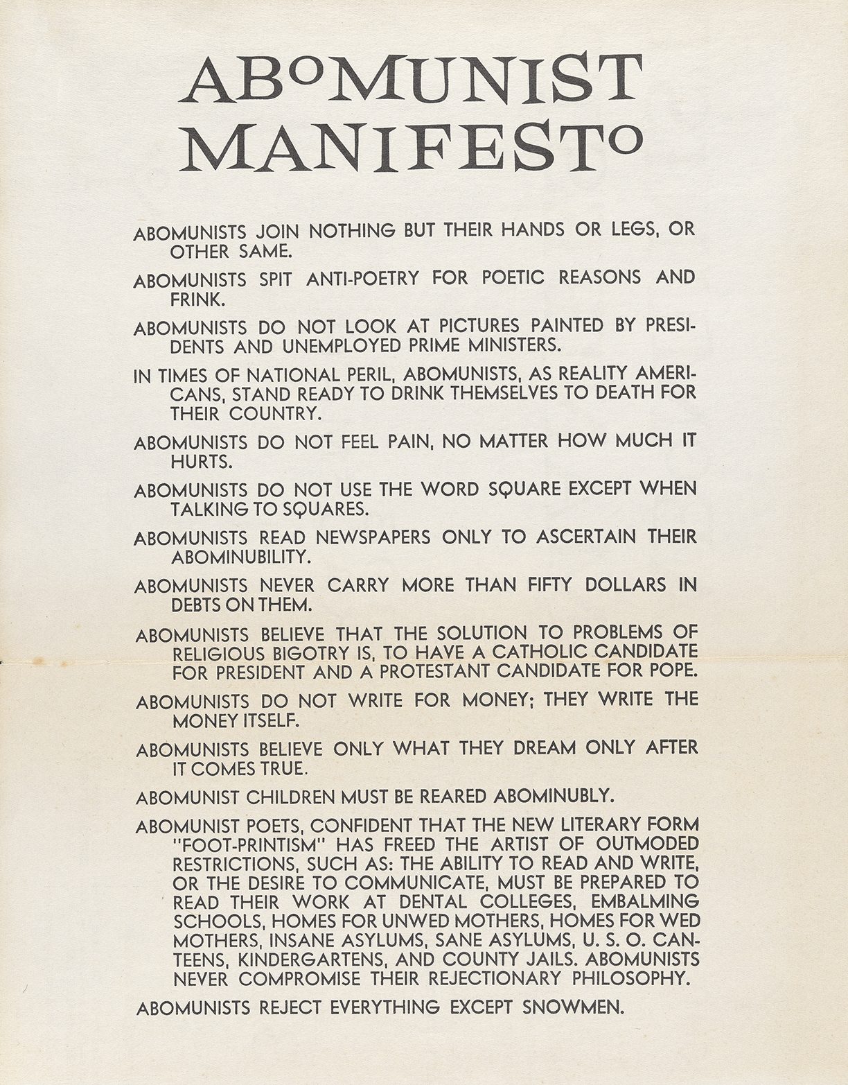 A photo of Kaufman's “Abomunist Manifesto” from 1959.
