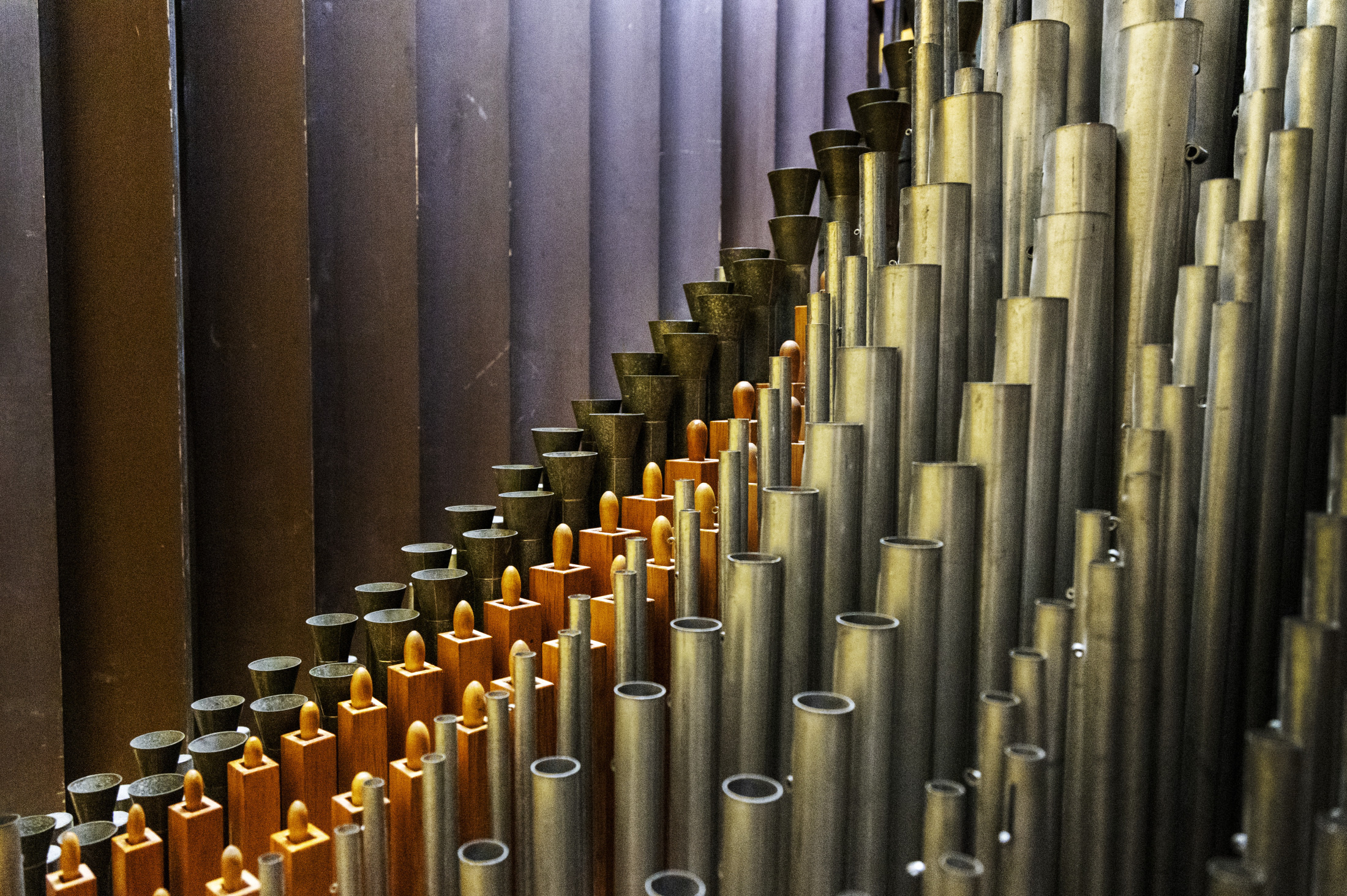 A close-up of organ pipes in various sizes, arranged in a curved pattern. The pipes are made from metal, with some featuring a bronze hue and others a silver tone, creating a visually striking contrast.