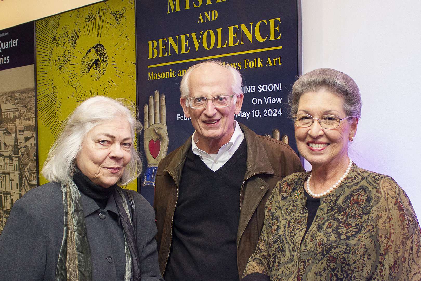 Jan Gilbert, Peter Trapolin, and Priscilla Lawrence at HNOC's Cahn-Lawrence Lecture in December 2023.