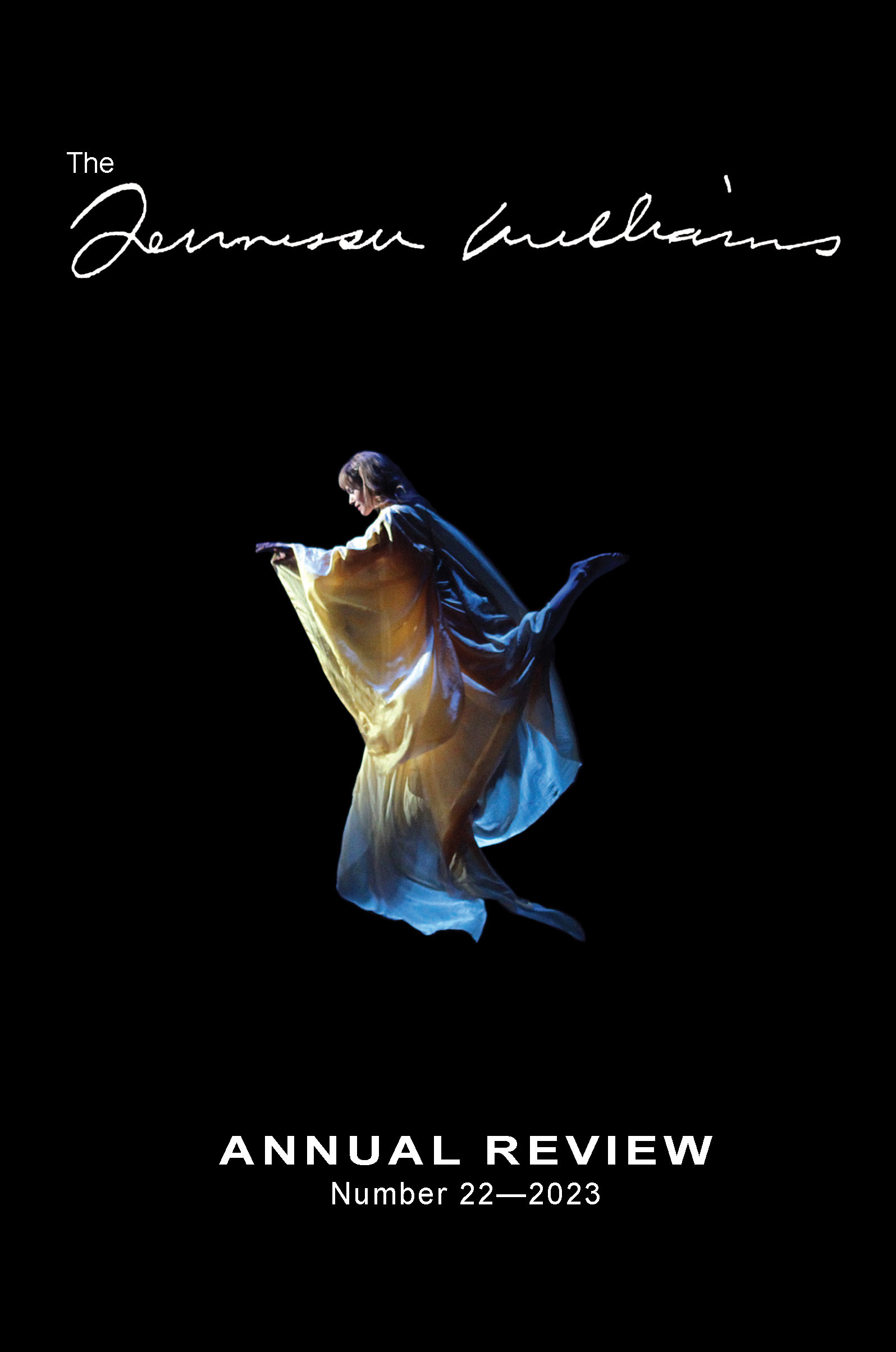 A dramatic, illuminated figure in flowing attire appears to float against a black background. The text reads The Jennifer Williams Annual Review, Number 22—2023 in white.
