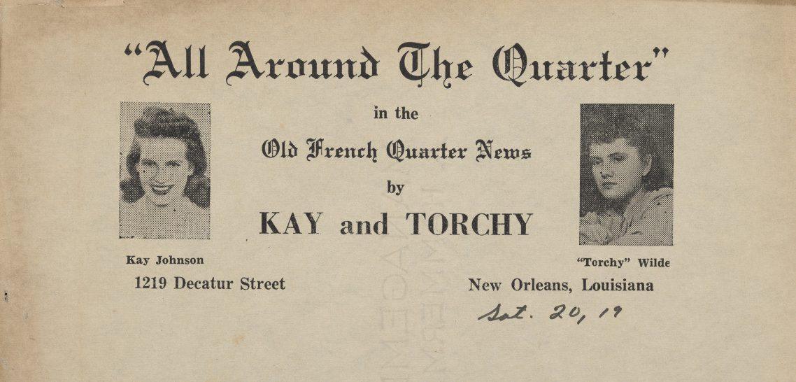 Vintage newspaper clipping titled All Around The Quarter in the Old French Quarter News by Kay and Torchy. Features black and white photos of two individuals, along with their names and address: 1219 Decatur Street, New Orleans, Louisiana.