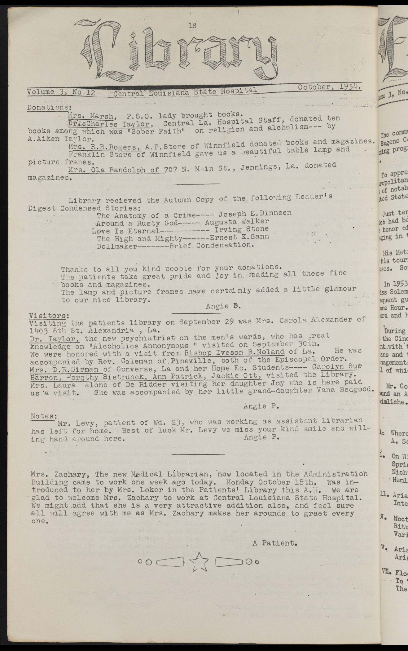 Library report from the October 1954 issue of "Hospital Banner."