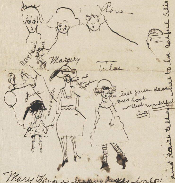 A sketch of several children with names like Jamie, Rose, Margery, and Tula written above. The drawing includes two children in dresses and a smaller one with a balloon. Handwritten notes and stains are visible on the paper.