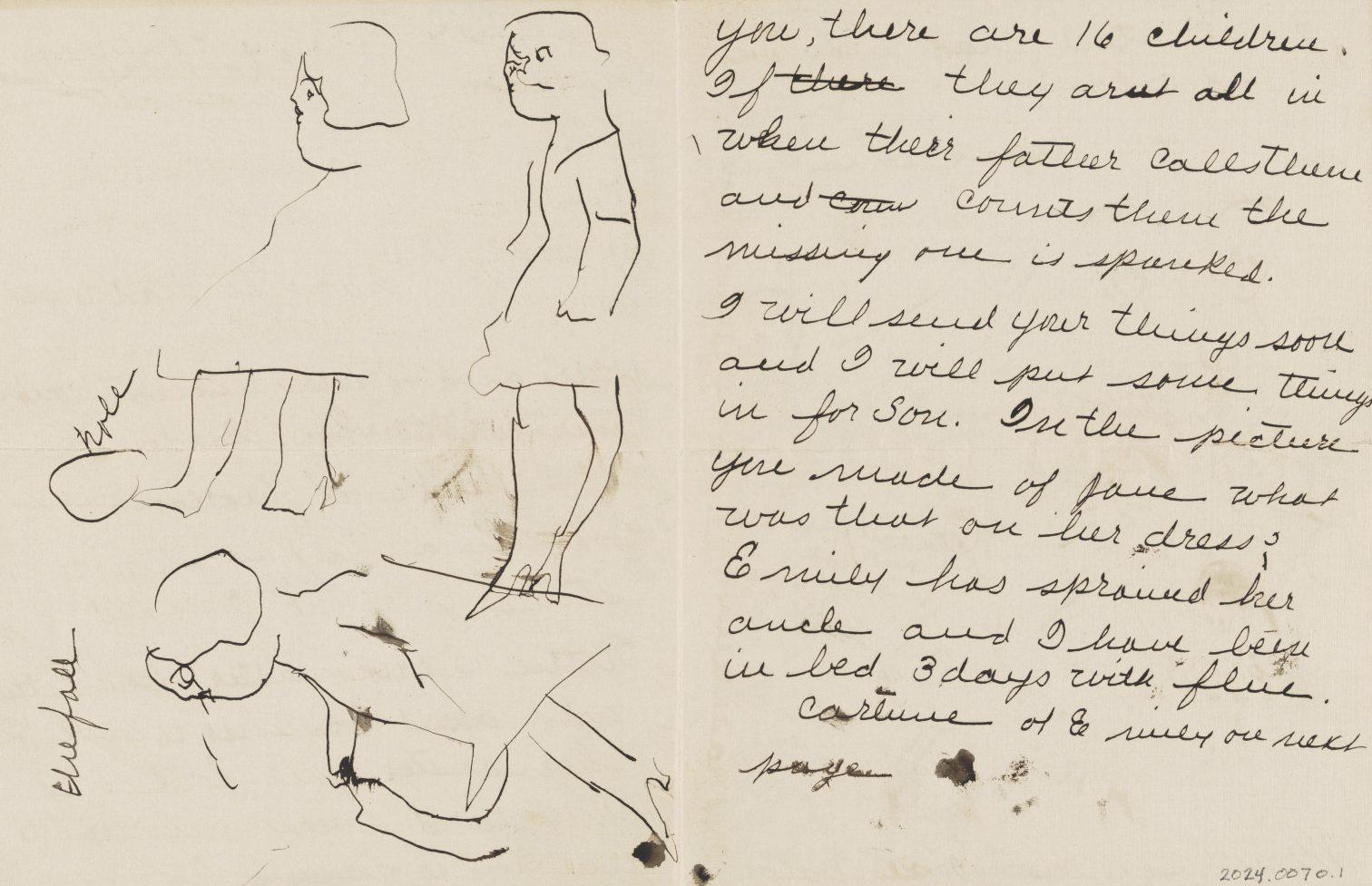 A handwritten letter with sketches of four figures, labeled Eunice and Emily. The text discusses 16 children, fathers collecting them, and sending clothes for a girl named Eunice. Theres mention of Emily and costume preparation.