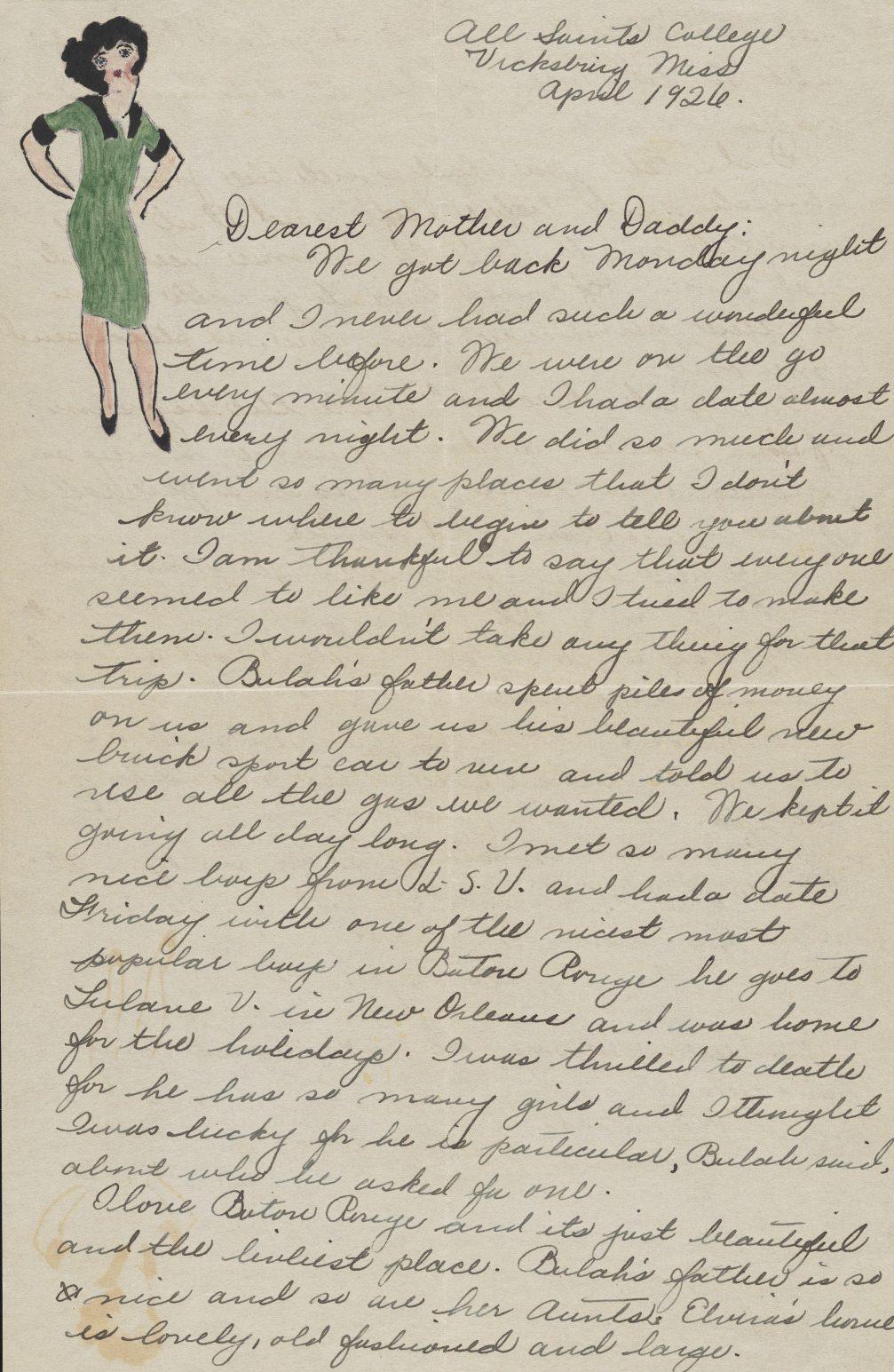 A vintage handwritten letter with a small drawing of a woman in a green dress. The letter is dated April 1926 and addressed to Dearest Mother and Daddy. It contains personal news and updates written in cursive.