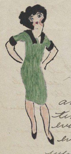 A hand-drawn image of a woman in a green dress with black collar and cuffs. She has dark, curly hair and her hands on her hips, standing against a light background with some handwritten text partially visible.