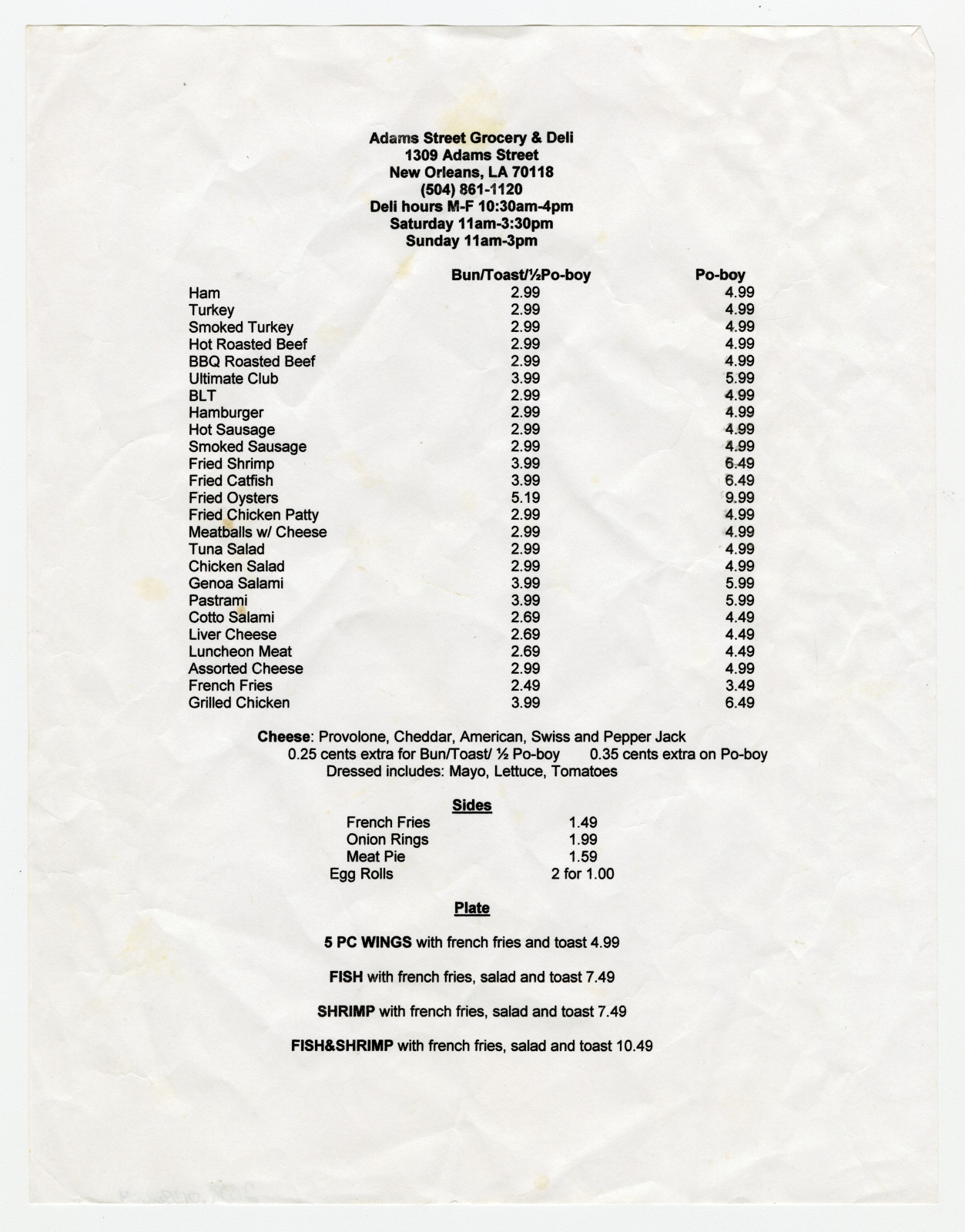 A page from an Adams Street Grocery and Deli menu.