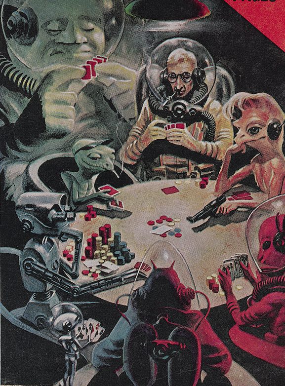 Illustration from the April 1959 issue of "Galaxy Magazine." The image shows a collection of creatures and aliens gathered around a round table playing cards.