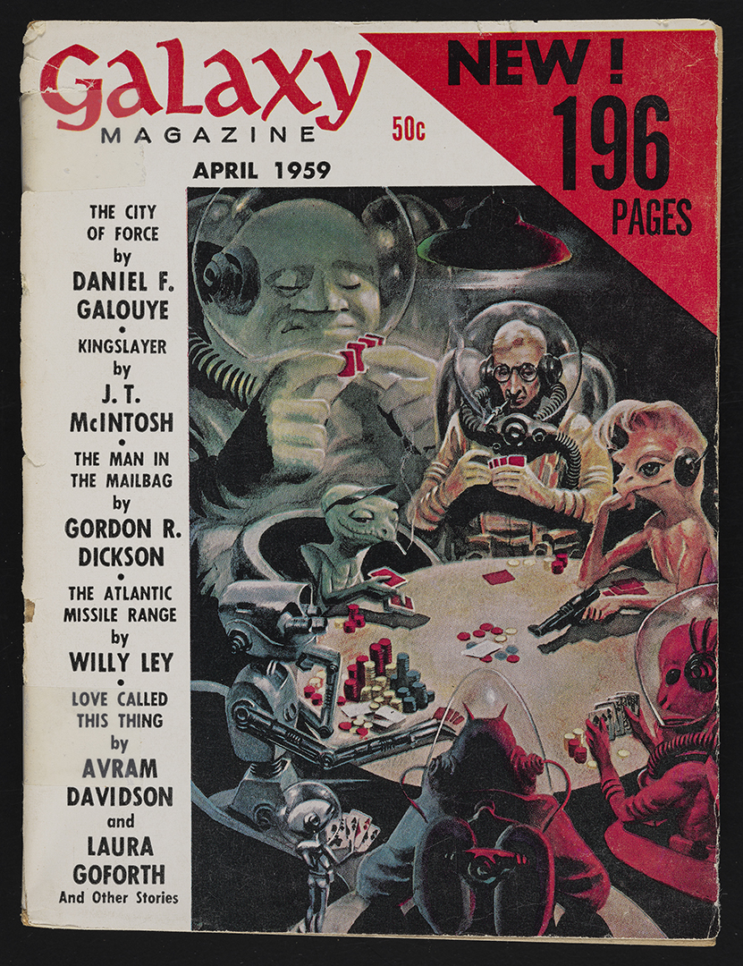 Cover of April 1959 Galaxy magazine showing sci fi characters and alien creatures gathered around a round table playing cards.