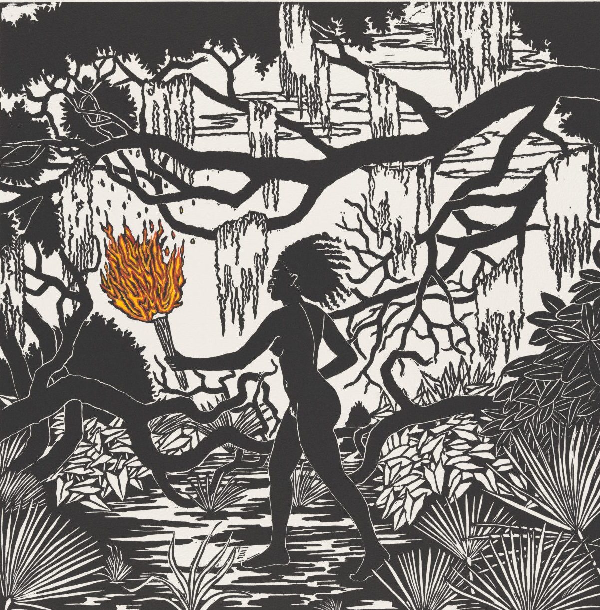 An artistic print shows a silhouetted figure holding a bright orange torch walks through a dense, swamp-like forest with tangled branches and hanging moss.