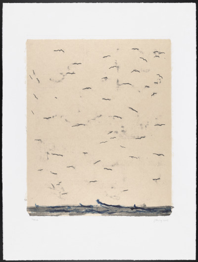 A transfer drawing by Jacqueline Bishop, showing a minimalist scene of birds flocking above a water scene where an empty rowboat is visible.