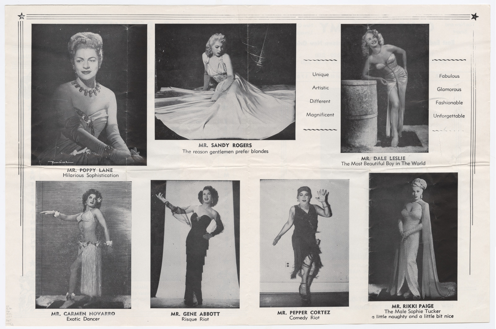 The interior spread of this Club My-O-My program advertises performers Poppy Lane, Sandy Rogers, Dale Leslie, Carmen Novarro, Gene Abbot, Pepper Cortez, and Rikki Page.
