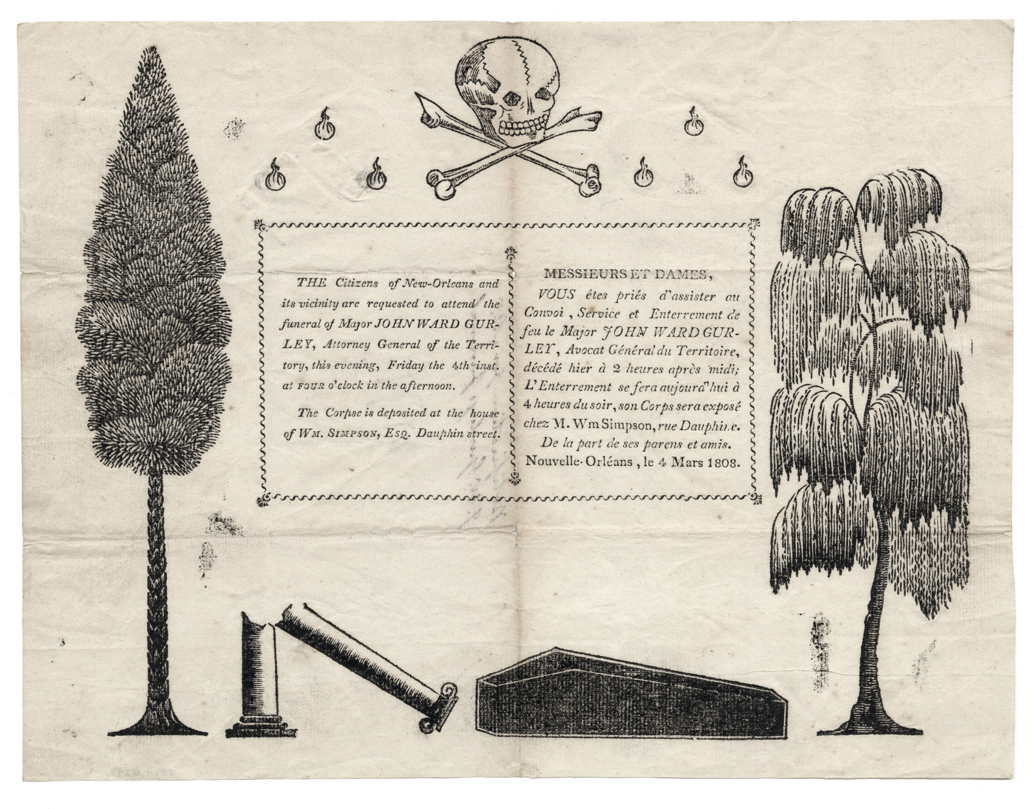 The death notice for John Ward Gurley, dated 1808. The notice in the middle is surrounded with drawings depicting a skull and crossbones, funerial trees, a coffin, and broken column.