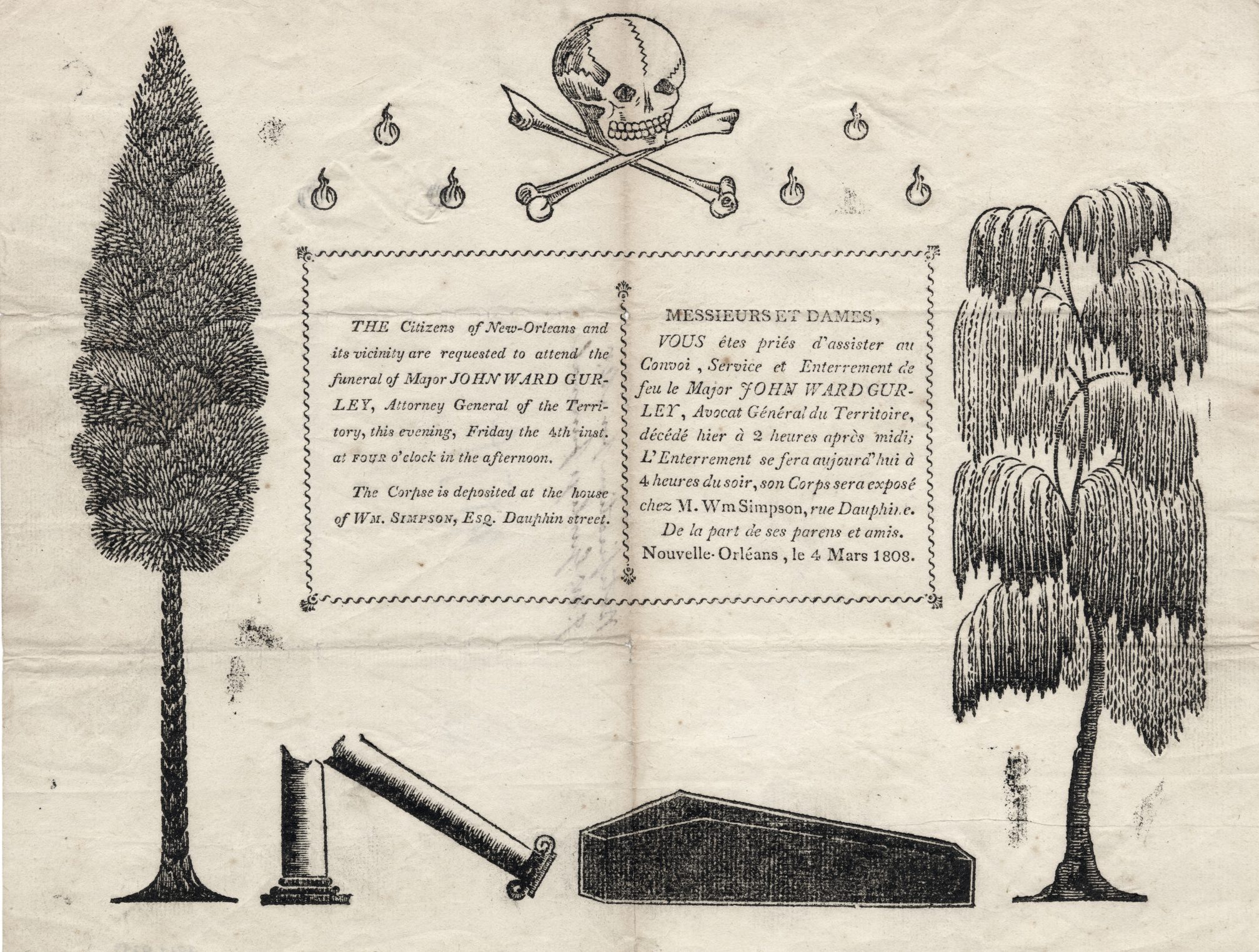 The death notice for John Ward Gurley, dated 1808. The notice in the middle is surrounded with drawings depicting a skull and crossbones, funerial trees, a coffin, and broken column.